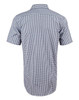 A short-sleeve men's shirt featuring a navy and white gingham check pattern, with a back view showing the shirt's design.