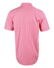 A short-sleeve men's shirt in red and white gingham check pattern with a button-up collar. Features a logo.