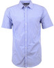 A short-sleeved men's button-up shirt in a blue and white gingham check pattern, featuring a collar and buttons.