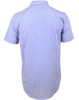A short-sleeved men's shirt in a blue and white gingham check pattern, featuring a collar and a logo on the back.