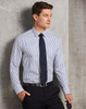 A men's long sleeve button-up shirt featuring navy and white sateen stripes, complemented by a dark tie and belt.