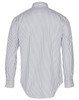 A back view of a men's long sleeve button-up shirt featuring sateen stripes in white and navy. The shirt has a collar and cuffs.