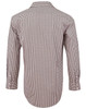 A brown and white gingham check button-up shirt with long roll-up sleeves and a logo.