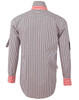A men's long-sleeve button-up shirt in black and white gingham check with orange accents on the cuffs and collar.