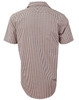 A short-sleeve men's button-up shirt featuring a brown and white gingham check pattern and a logo on the label.