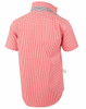 A short-sleeved men's button-up shirt in red and white gingham check pattern, featuring a collar and a logo.