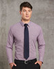 A men's two-tone mini check long sleeve shirt in purple and white, paired with a dark tie against a textured background.
