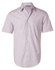 A short-sleeve, button-up shirt in light purple featuring a single chest pocket and a logo on the collar.