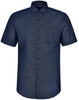 A short-sleeved button-up shirt in navy with a pin dot pattern and a chest pocket. Features branding on the collar.