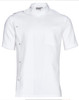 A short sleeve jacket in white with stud detail along one side and a chest pocket. It features branding on the collar.