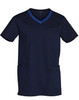 Men's short-sleeve scrub top in navy with contrast colour accents and pockets, featuring a logo.