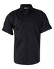 A black men's short sleeve military shirt with button-up front and two chest pockets, featuring rolled-up sleeves.