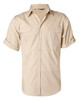 A beige men's short sleeve military shirt with button-up front and chest pockets. Features a logo on the collar.