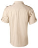 A beige men's short sleeve military shirt with rolled sleeves and shoulder epaulettes, featuring a logo.