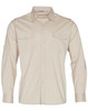 A beige long sleeve military-style shirt with two chest pockets and shoulder epaulettes. It features a button-up front and has a logo.