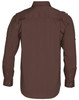 A brown long sleeve military shirt with button-up front and shoulder epaulettes. Features a logo on the shirt.