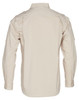 A long sleeve military-style shirt in beige, featuring a button-up front and shoulder epaulets. Includes a logo.