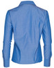 A blue button-up long sleeve shirt with a collar and long sleeves, featuring a logo.