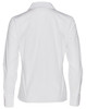 A white women's long sleeve button-up shirt featuring a classic collar and a logo on the back.