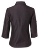 A women's 3/4 sleeve button-up shirt in dark colour, featuring a back view with rollable sleeves. Includes a logo.