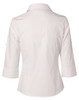 A white women's button-up shirt featuring 3/4 sleeves and a back view with a logo.