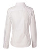 A women's white long-sleeve cotton/poly stretch button-up shirt, featuring a back view and a logo on the label.