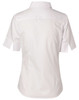 A white women's fine twill short-sleeve button-up shirt with a fitted design, featuring a collar and a back view.