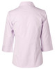A pale lavender women's 3/4 sleeve button-up shirt, featuring a classic collar and a branded logo.