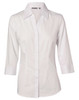A white women's cotton/poly stretch 3/4 sleeve button-up shirt with a collar and a logo.