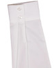 A white striped long-sleeve shirt featuring a button-up collar and two buttons on the cuff. It includes branding details.