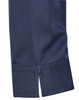 A close-up of a navy blue shirt sleeve with a subtle striped pattern and a taped hem detail.