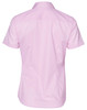A pink short-sleeved button-up shirt with a striped design and a logo on the back.