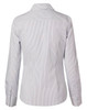 A button-up shirt in white and navy ticking stripes with long sleeves and a classic collar. Features a logo.