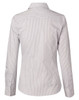 A women's long-sleeve button-up shirt featuring a grey and white ticking stripe pattern, with a collared neck and back yoke.
