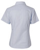 A light blue short-sleeve button-up shirt with fine stripes. The back features a classic collar and has a logo.