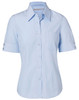 A light blue women's pinstripe short sleeve shirt with a button-up front and a chest pocket.