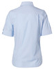 A light blue women's pinstripe short sleeve button-up shirt with a back view and decorative buttons on the sleeves.