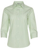 A green striped 3/4 sleeve button-up shirt featuring a collar and a logo on the label.