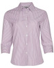 A striped women's button-up shirt with three-quarter sleeves in red and white. Features a collar and a logo.