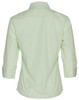 A green and white striped women's button-up shirt with 3/4 sleeves and a collar, featuring a logo.