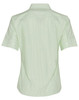 A light green button-up shirt with short sleeves and a striped pattern, featuring a logo on the back.