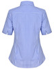 A blue and white gingham check short-sleeved button-up shirt with a fitted silhouette and collar.