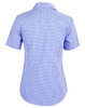 A short-sleeve women's button-up shirt featuring a blue and white check pattern, with a logo on the back.