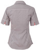 A black and white gingham check short-sleeve button-up shirt featuring a fitted design and a logo.