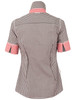 A short-sleeved women's button-up shirt featuring a black and white gingham check pattern with contrasting red accents on the sleeves.