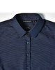 A navy blue pin dot stretch long sleeve shirt with a button-up collar and logo branding on the label.