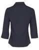 A dark navy women's 3/4 sleeve shirt featuring a collared design and rolled sleeves, with a logo on the back.