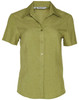 A short-sleeved, collared women's shirt in a light green shade. It features a button-down front and has a logo.