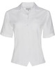 A white women's short sleeve overblouse with a button front and a pocket, featuring a logo.
