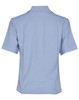 A light blue short sleeve overblouse featuring a collared neckline and a logo. Suitable for uniforms and tunics.